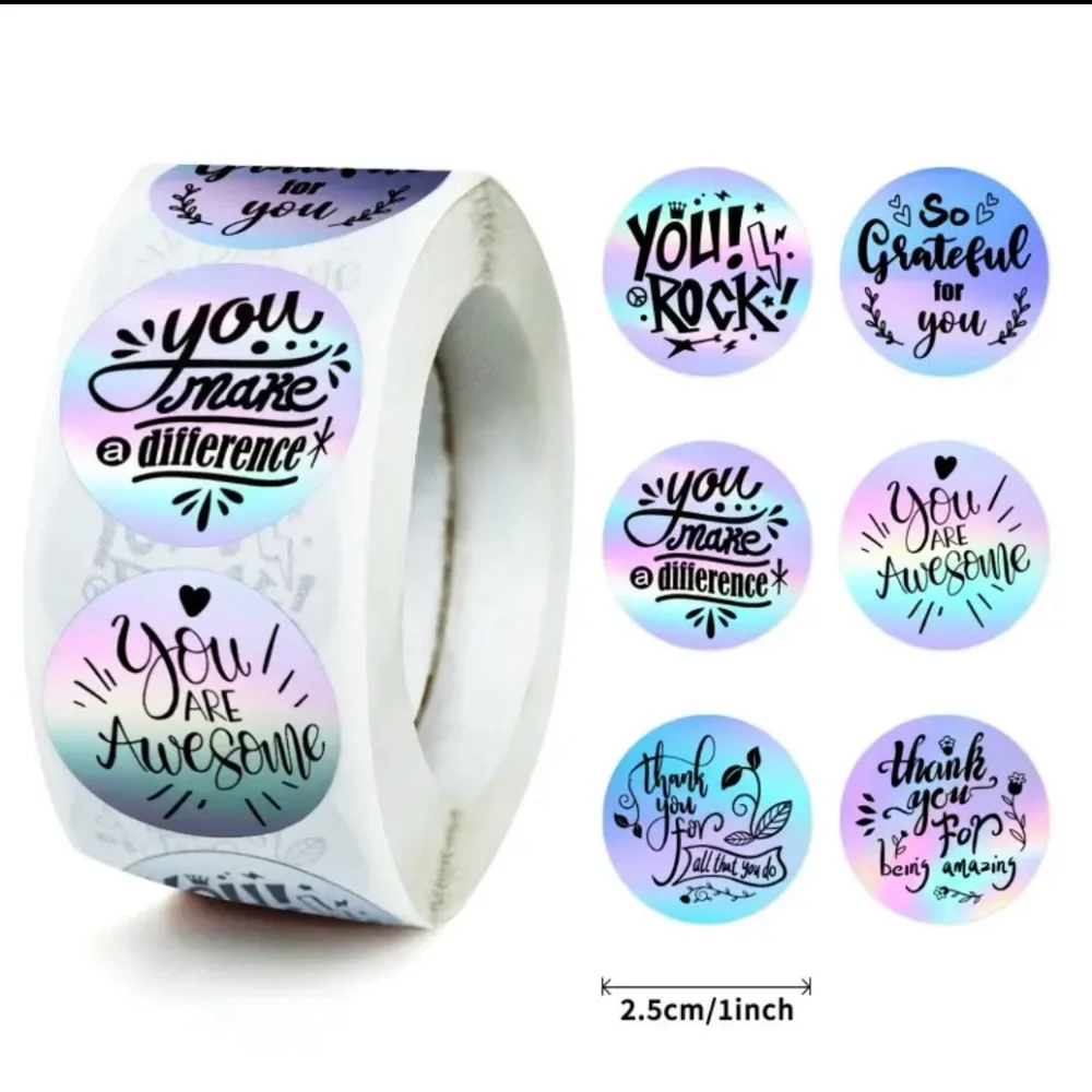 100 Stickers 1 inch Metallic 6 Patterns on 1 Roll Thank You
